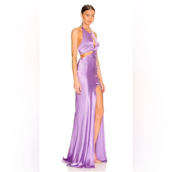 Sau Lee Salome Gown In Purple Satin High Slit Bow Halter Dress Size 4 - Picture 3 of 10